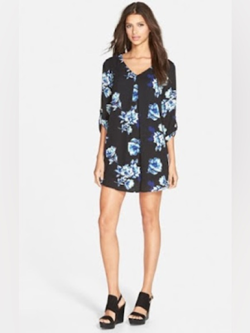 Lush Black Tunic with Blue and White Floral Print